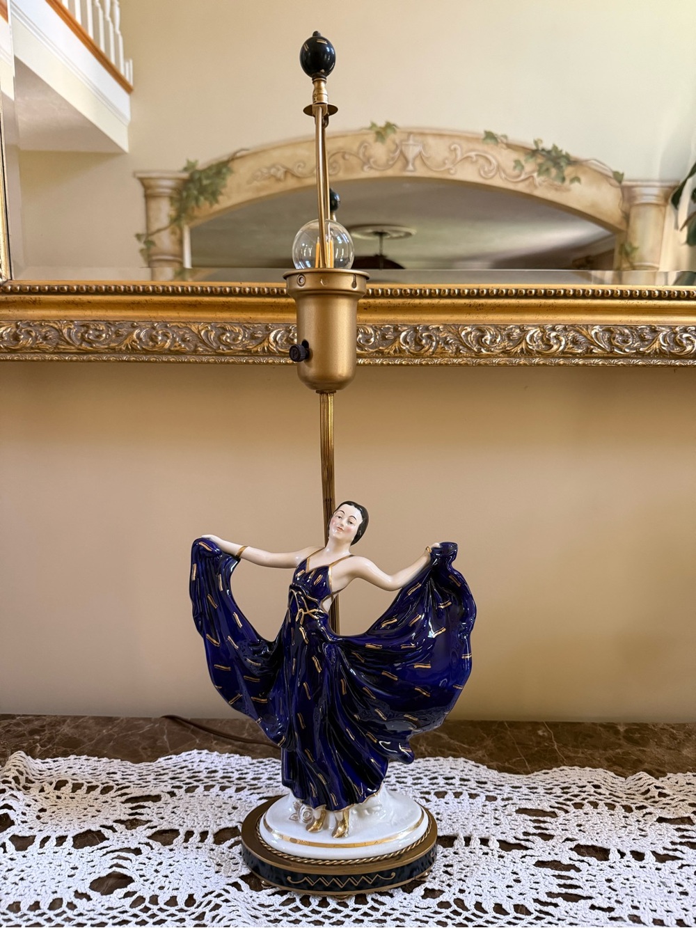 Vintage Art Deco Porcelain Dancing Lady Lamp in Deep Blue and Gold